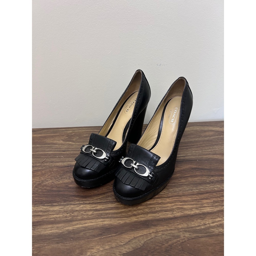 Coach Lynne Black Leather Platform Pumps Kiltie Fringe Brogue Heels 6B Q1289